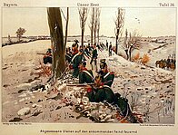 Bayern um 1900: Abgesessene Ulanen auf den ankommenden Feind feuernd.