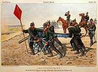 Sachsen um 1900: Feld-Artillerie auf angreifende Kavallerie feuernd.