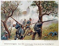 Schlacht b. Königgrätz. 3. Juli 1866. Erstürmung v. Chlum durch das 1. Garde-Regiment.