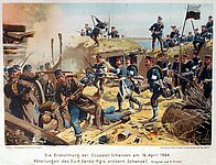 Die Erstürmung der Düppeler Schanzen am 18. April 1864. Abteilungen des 3. u. 4. Garde-Rgts. erobern Schanze I.