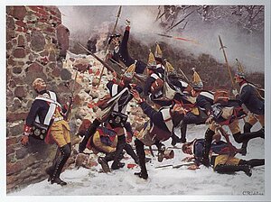 Schlacht von Leuthen, Sturm auf das Kirchenportal durch das III. Bataillon Regiment Garde Nr. 15, Gemälde von Carl Röchling